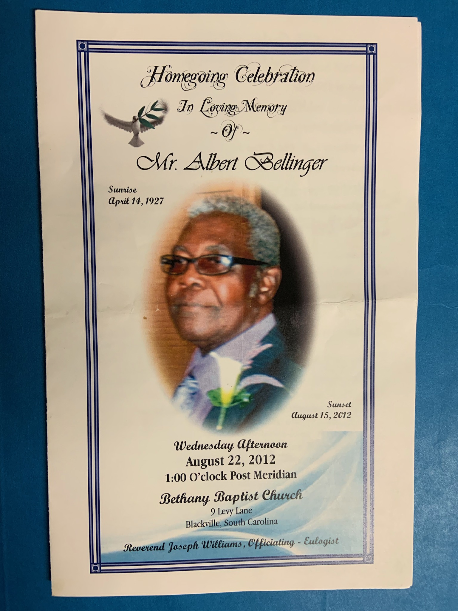          Mr. Albert Bellinger               Sunrise: April 14, 1927 - Sunset: August 15, 2012